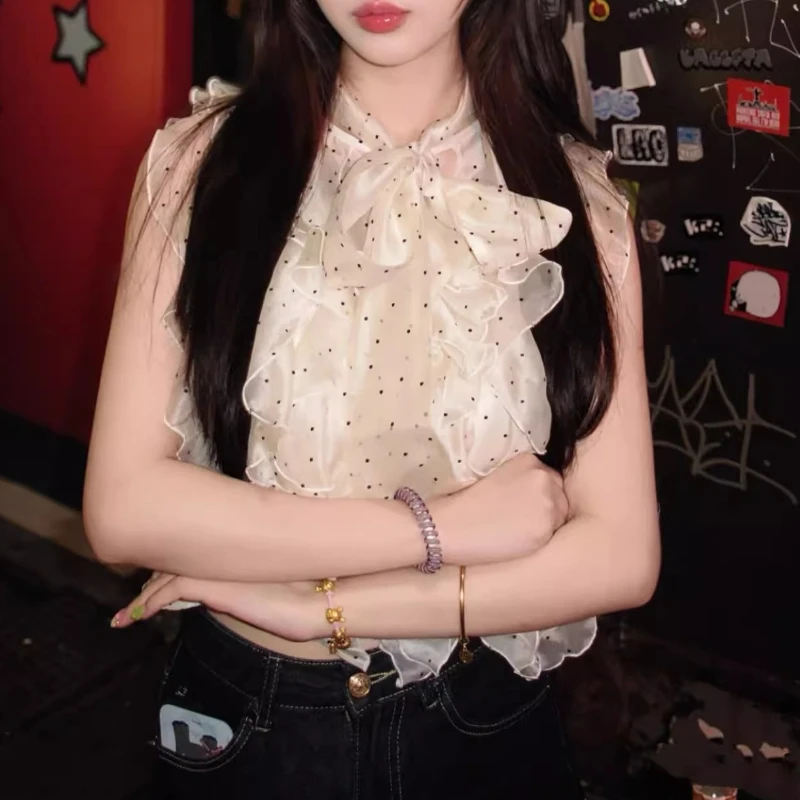 

New Chic Sweet Polka Dot Bow Ribbon Fungus Sleeveless Top Casual All-match Blouse Shirt Office Lady Elegant Blusas Mujer