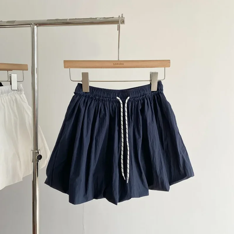 Women Navy Blue Shorts High Waist Drawstring Ruffle Casual Summer Loose Beach Shorts