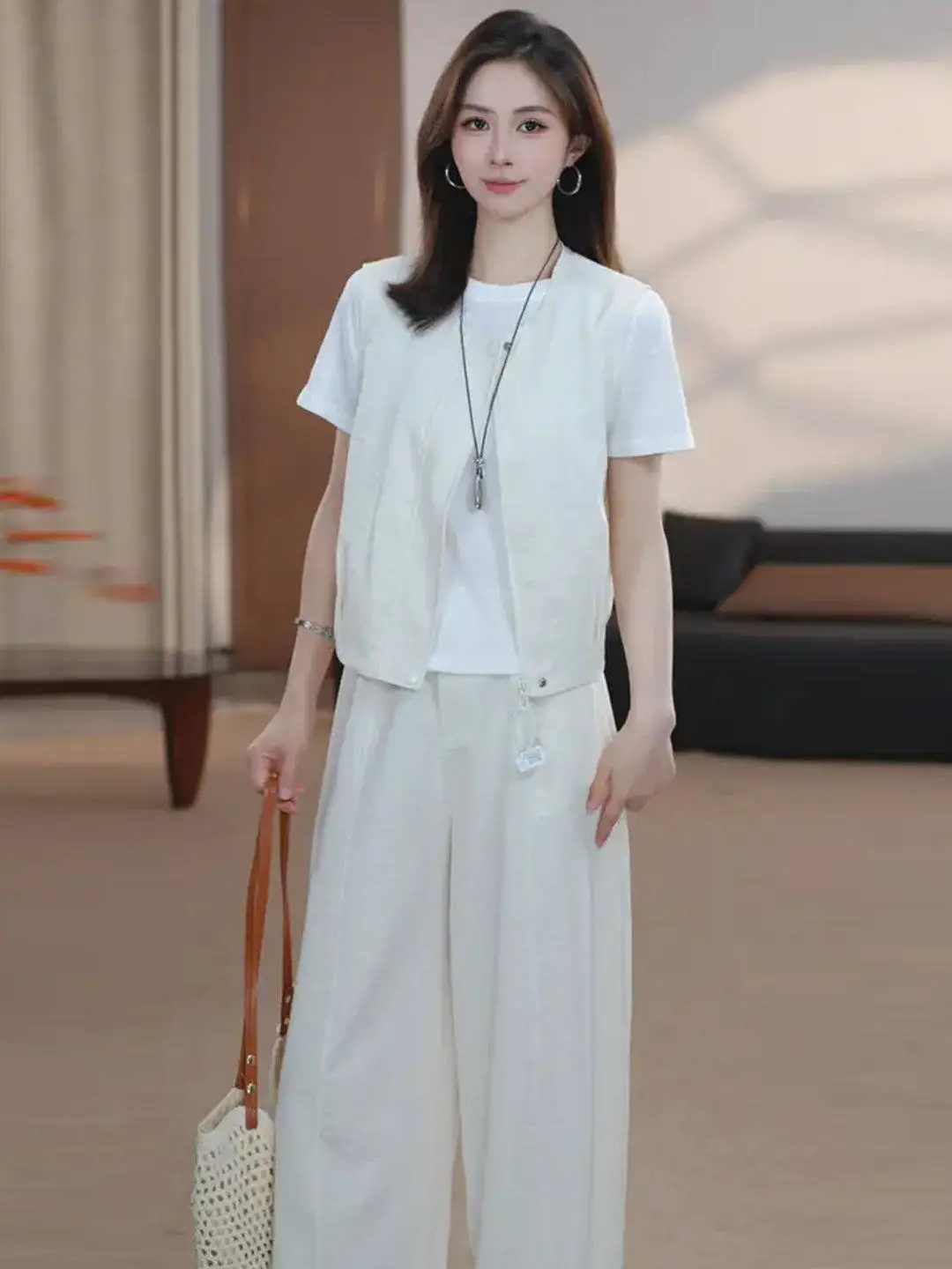 

Korean Style Women's Summer Outfit round Neck Short Sleeve T-Shirt Vest Wide Leg Pants Three-Piece Set Fashionable And Elegant