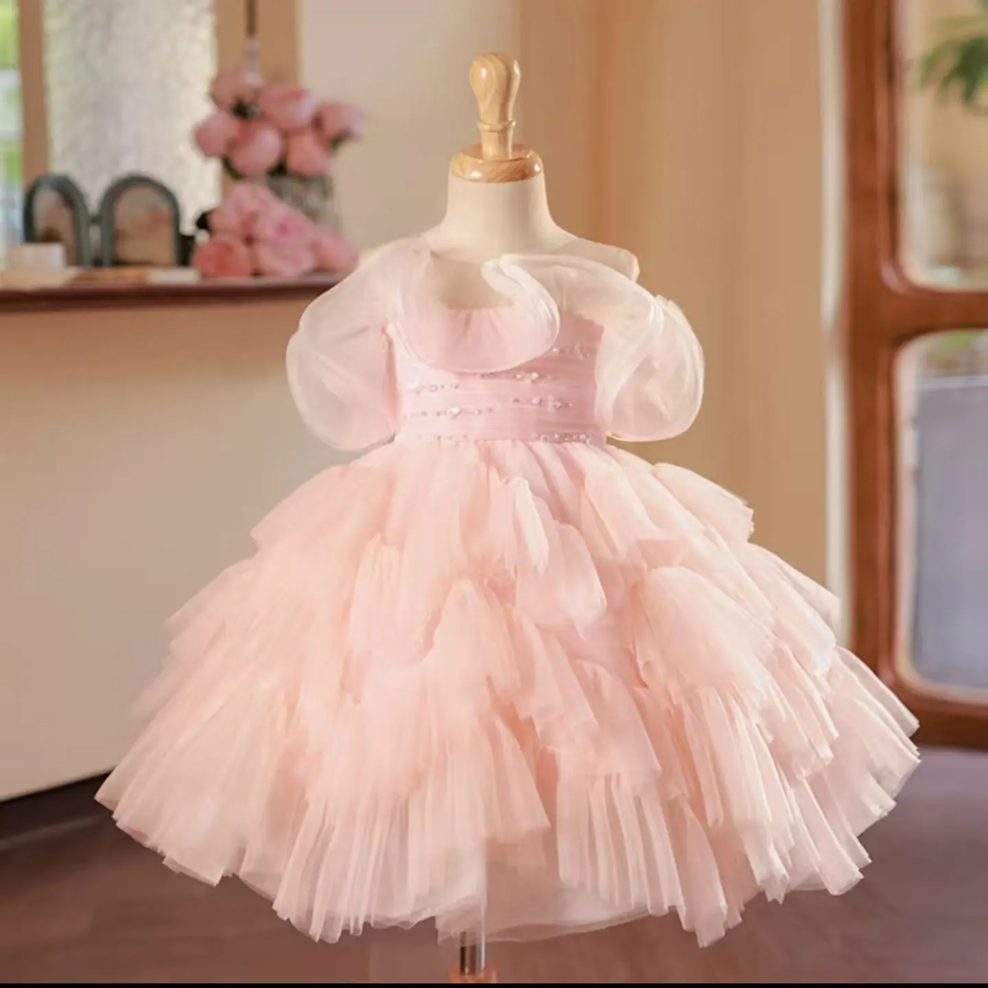 

Jill Wish Elegant Arabic Pink Girl Dress Beaded Dubai Baby Kids Princess Wedding Birthday Party First Communion Gown J222