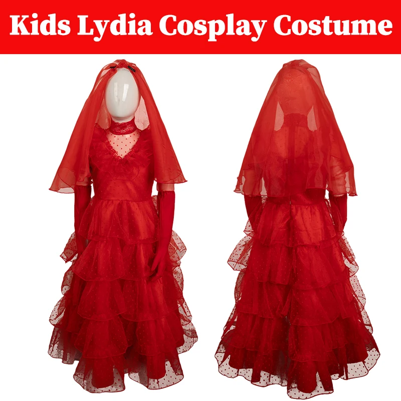 Kids Lydia Cosplay Red Dress Costume Movie Insect Liquid Roleplay Skirts Fantasia Outfits Children Child Halloween Party Suits