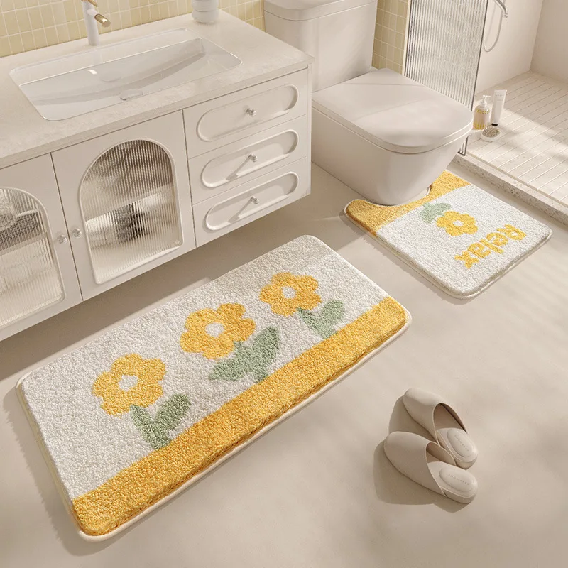 Yellow Flower Bath Mat Set Thick Flocking Microfiber Bathroom Carpet Toilet Foot Mat Non-slip Water Absorbent Rug Doormat