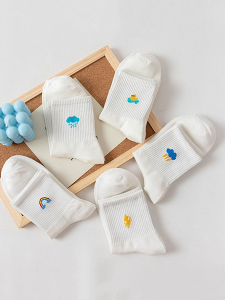  5 Pairs Of Women's Spring And Autumn White Cartoon Weather Socks, Fun and Casua 
