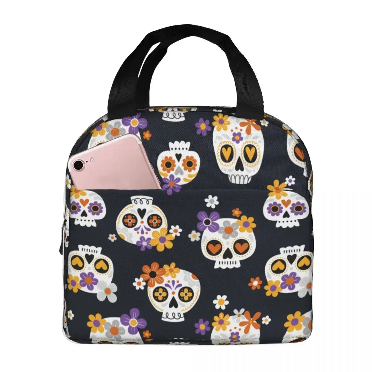 Lunch Bags for Women Kids Cute Sugar Skulls And Flowers Thermal Cooler Bag Portable Picnic Oxford Lunch Box Handbags