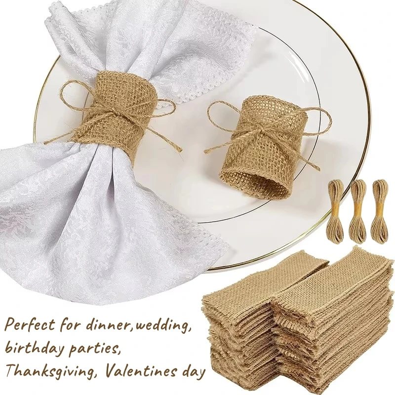 100pcs Natural Burlap Napkin Ring with Jute Rope Set Disposable Napkin Band Bulk Table Decor Wedding Dinner Country Party Decor