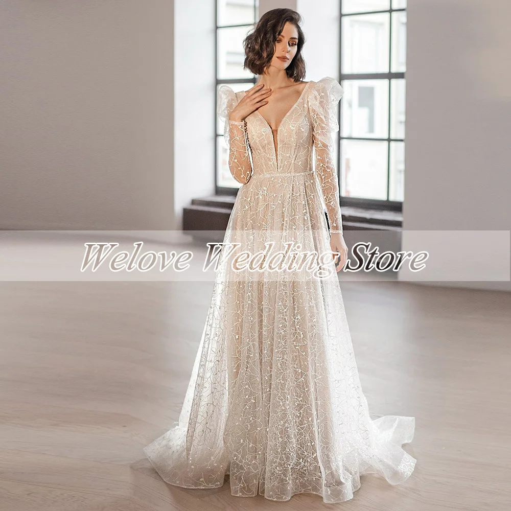 Romantic Wedding Dress Puff Sleeves Floor Length Bridal Gown For Bride Boho Applique Double V Neck Vestido De Noche Backless