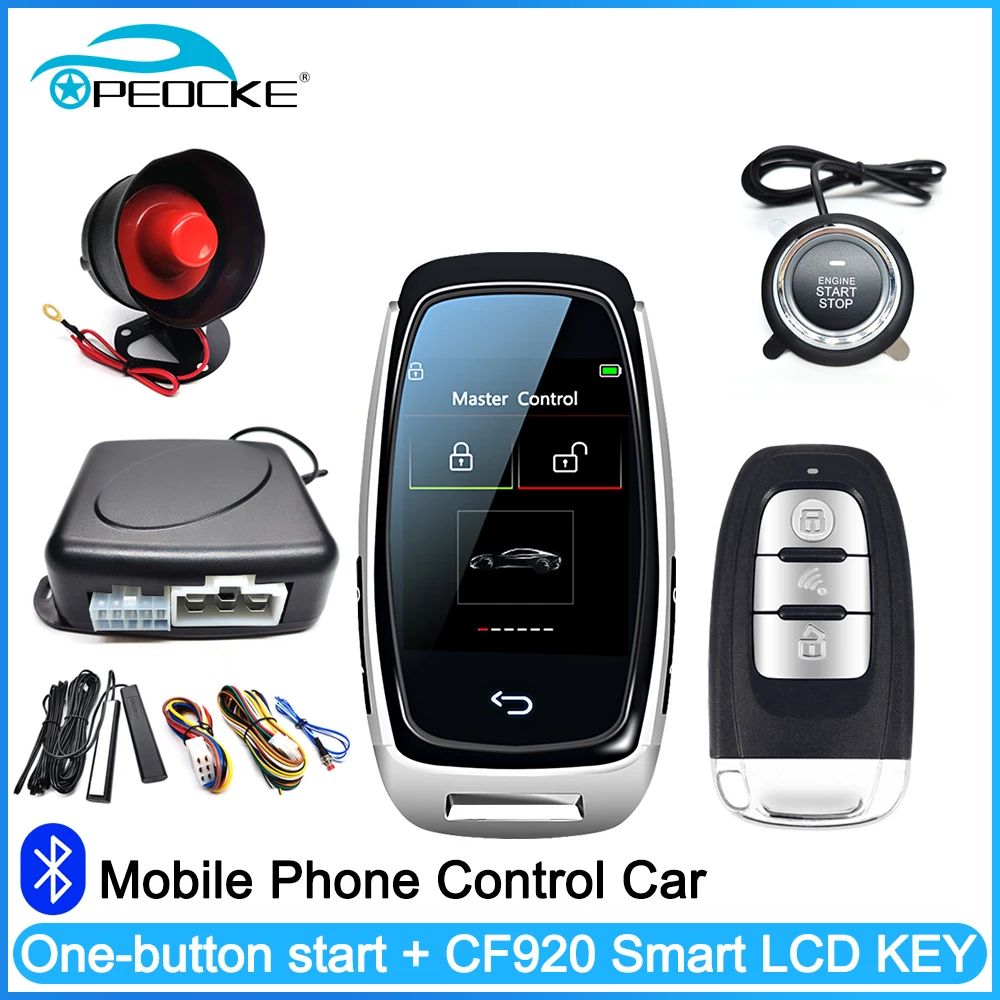 App controle automático start stop motor keyless entrada sistema de alarmes bloqueio central cf920 lcd chave inteligente um início chave peças de