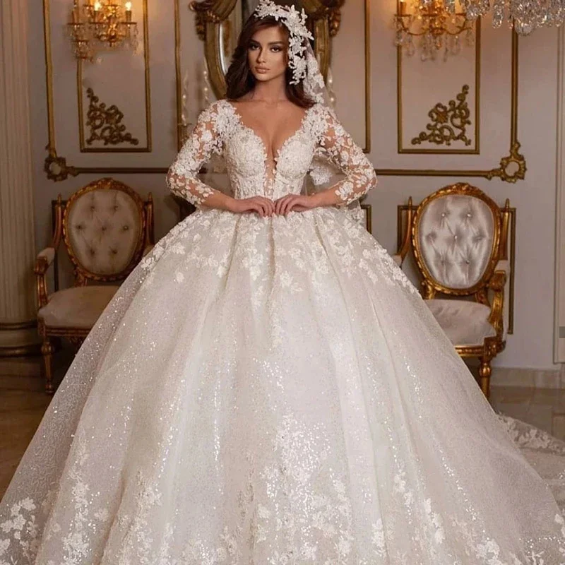 

Customized Luxury Lace Wedding Dresses Princess Ball Gown Beading Bridal Gowns Shinny Tulle Long Sleeves Dubai Marriage Dress