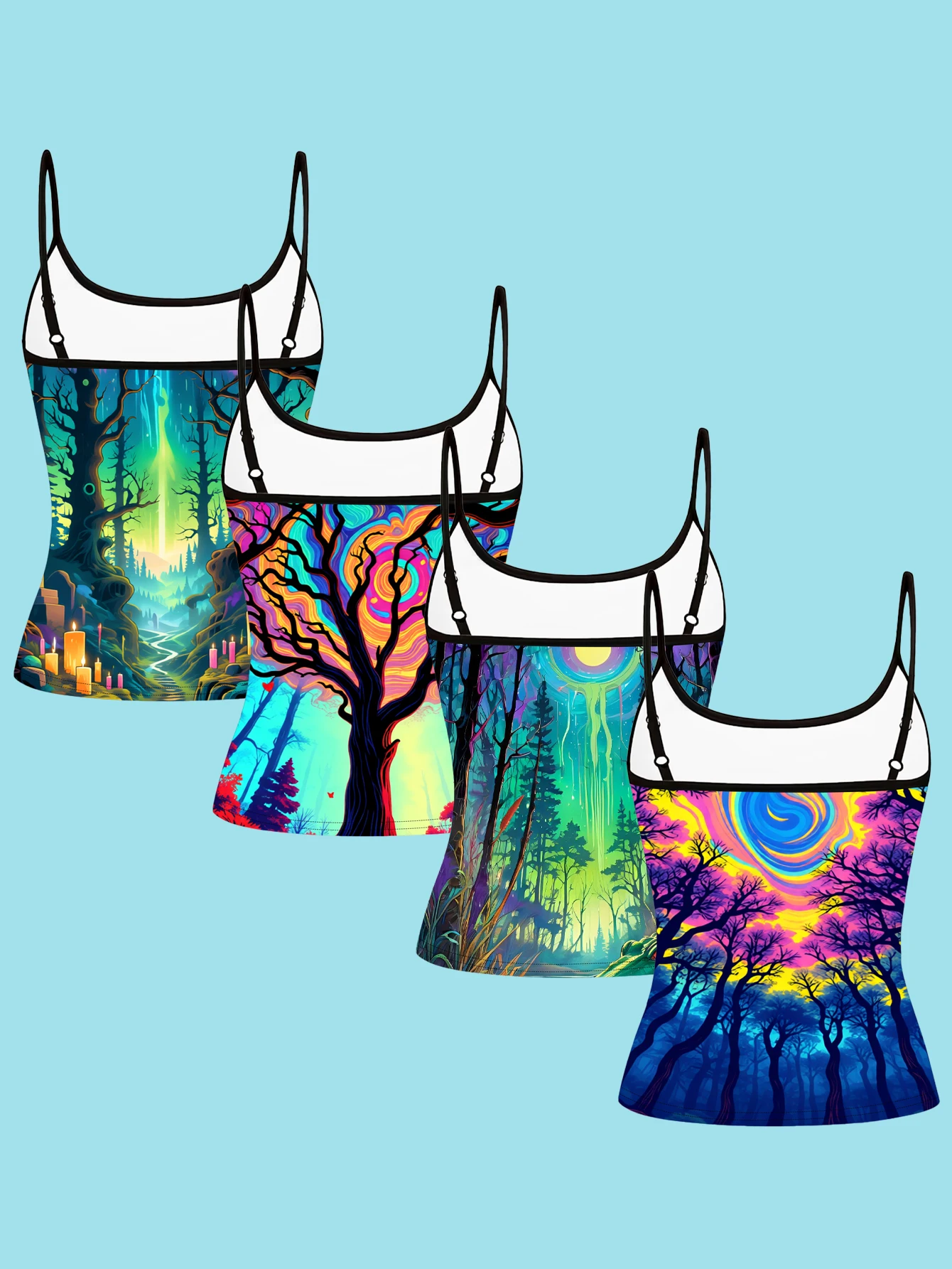 4-Pack Women's Psychedelic Forest Print Camisole Tops, Neon Colorful Fantasy Forest Landscape Slim-Fit Spaghetti Strap Inner Tops