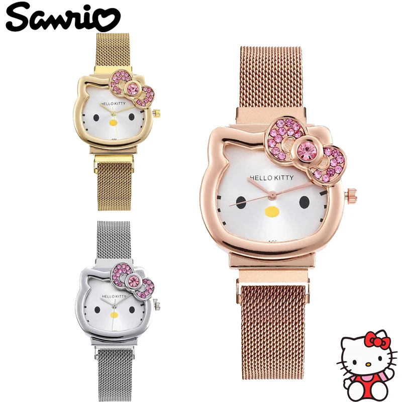 Kawaii Hello Kitty Watch Metal Vintage Diamond Bow Lady Watch Kawaii Girl Cute Cartoon Anime Student Magnet Strap Birthday Gifts