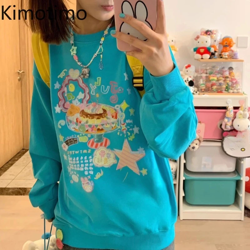 Kimotimo Cute Cartoon Print O Neck Sweatshirt Women Japanese Preppy Loose Long Sleeve Pullover Autumn Winter Grunge Top Y2k Coat