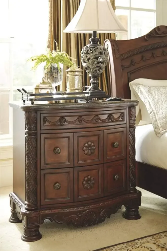 Signature Design by Ashley North Shore Ornate 3 Drawer Nightstand with Marble Inlay Top, Dark Brown