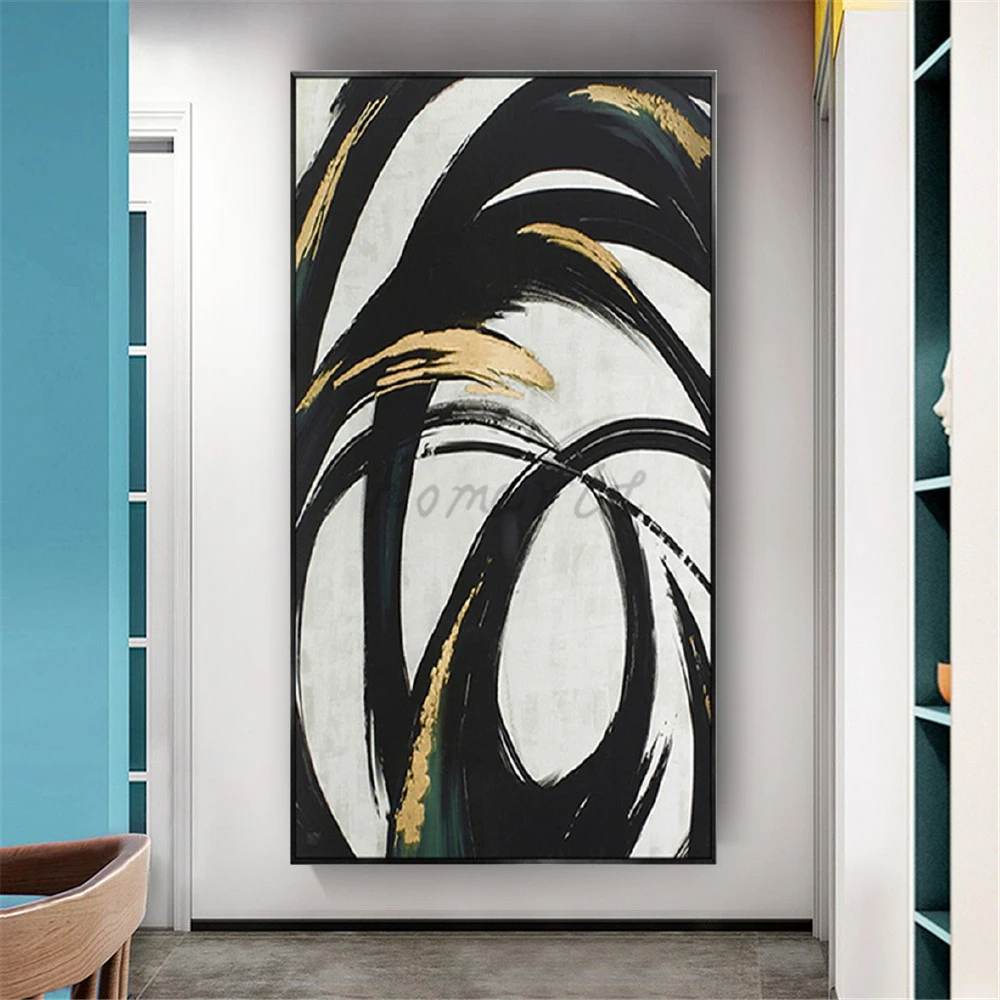 

Nordic Living Room Decor Poster Hand-Painted Abstract Oil Painting Texture Gold Foil Black Line Drawing For Home Wall Art Gift