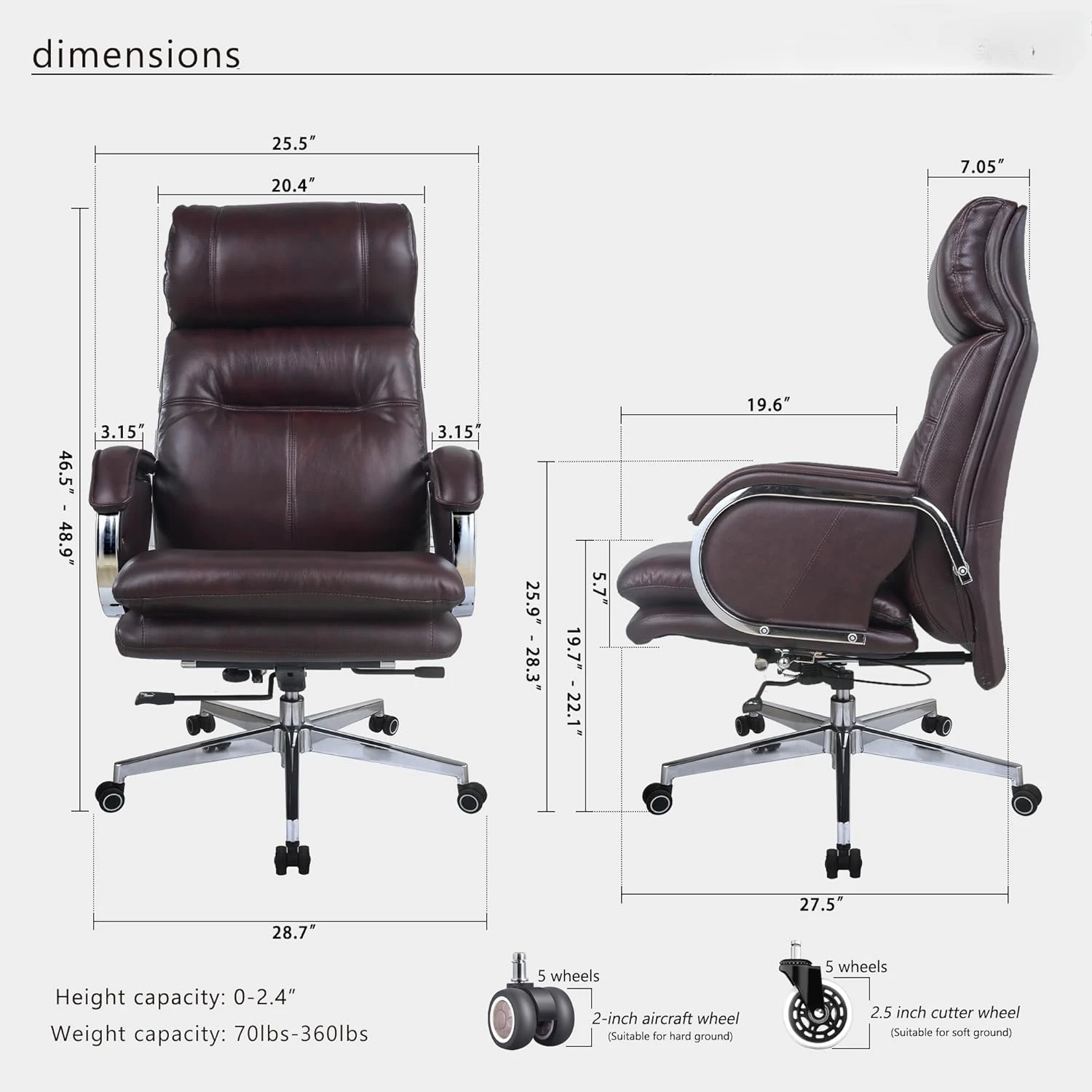 Genuine Leather Modern Executive Chair High-Back Support 90 to 150 Degrees Tilt and Upholstered Home Desk Computer Office Chair