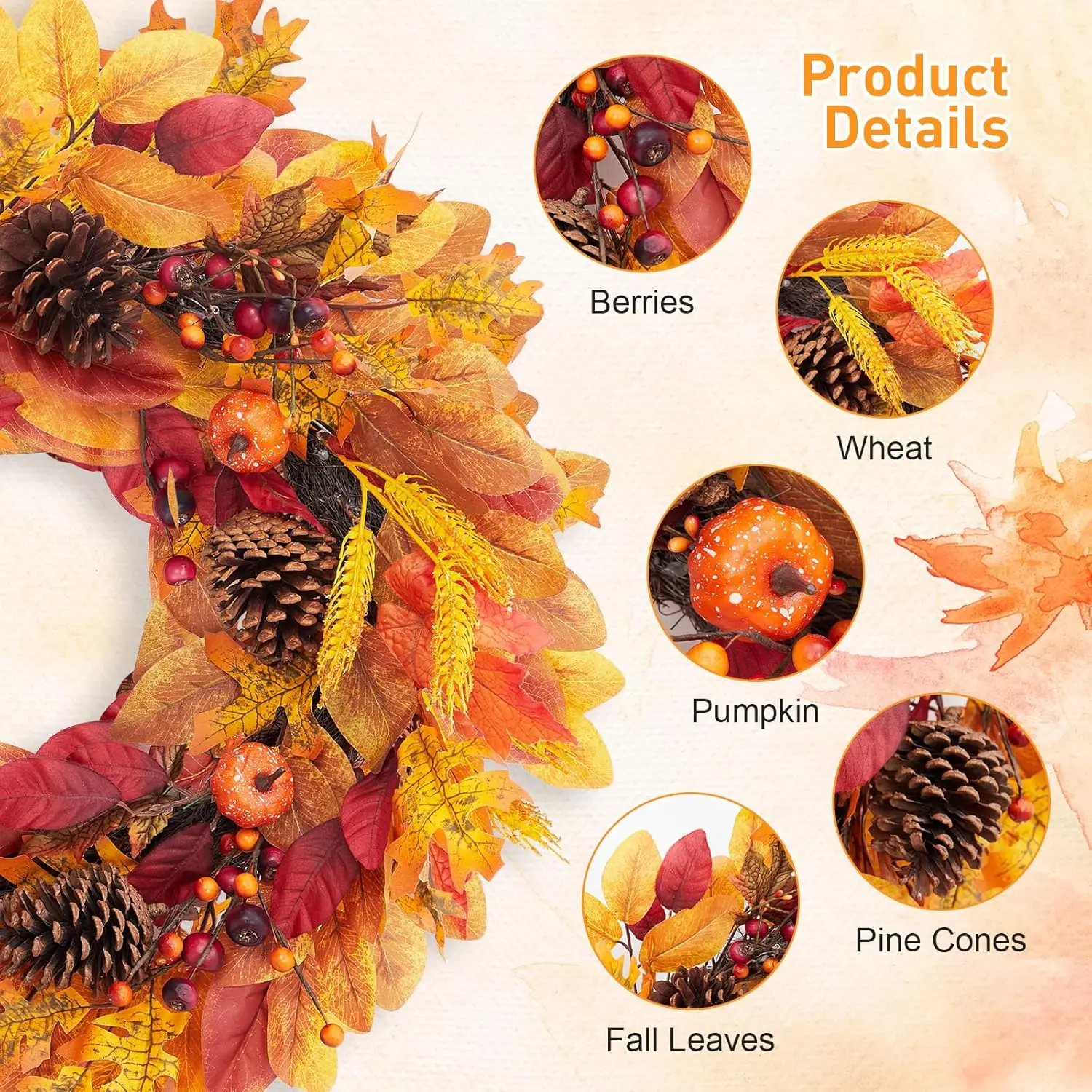 Couronne artificielle de porte d'entrée d'automne avec citrouilles, feuilles d'érable, baies, blé, couronne orange d'automne pour mur de porte d'entrée, 24 po