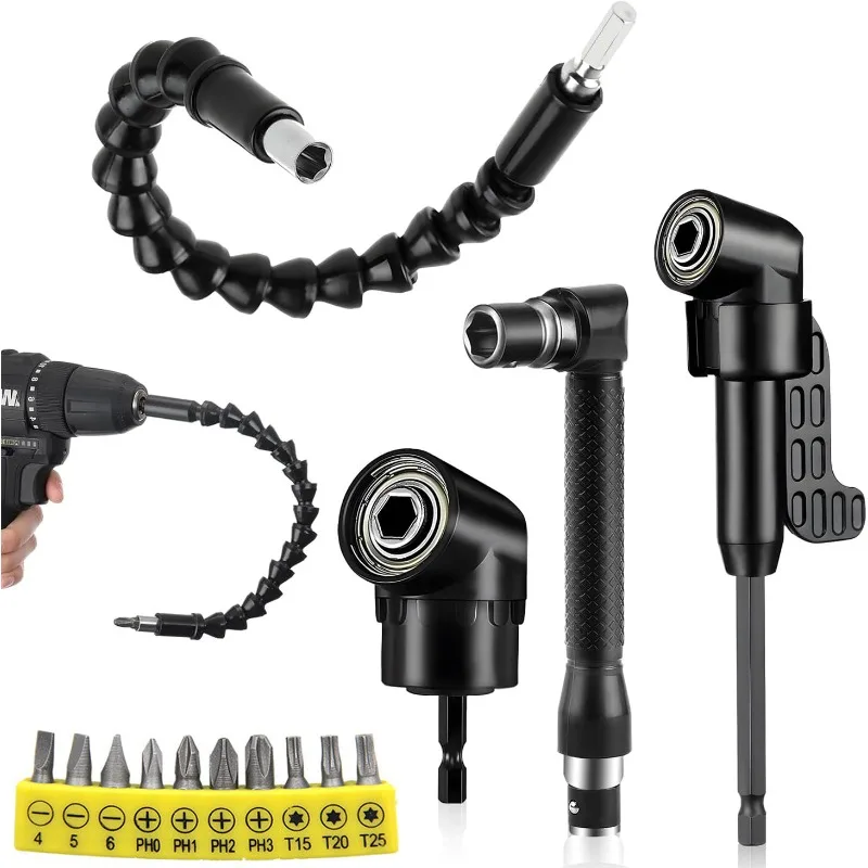 14 pièces 105 °   Adaptateur pour embout de tournevis à angle, jeu d'embouts d'extension pour embout à angle, embout à angle pour tournevis sans fil, mandrin flexible pour perceuse électrique à angle, rallonge pour perceuse.