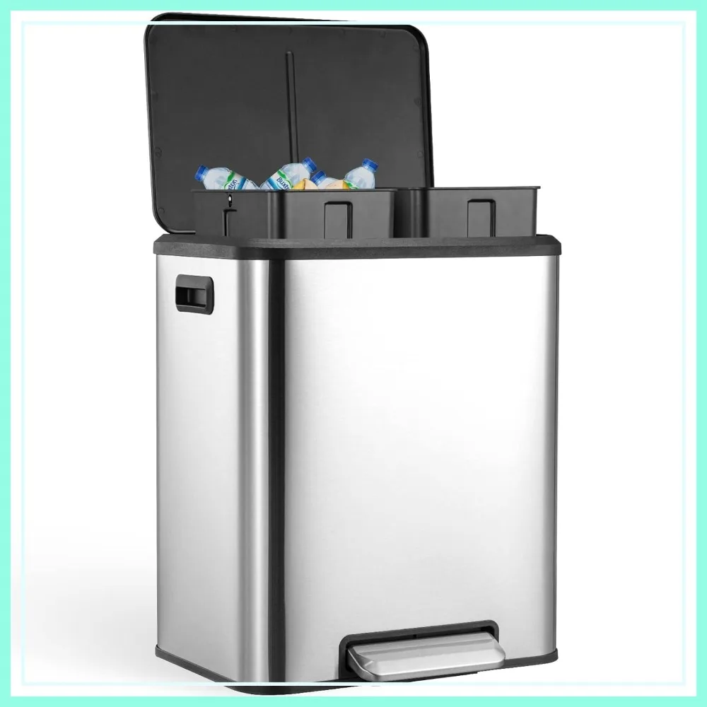 

2 x 4 Gallon Dual Trash Can and Recycling Bin, 30L Stainless Steel, Soft Close Lid, Removable Inner Bin for Home Office Business