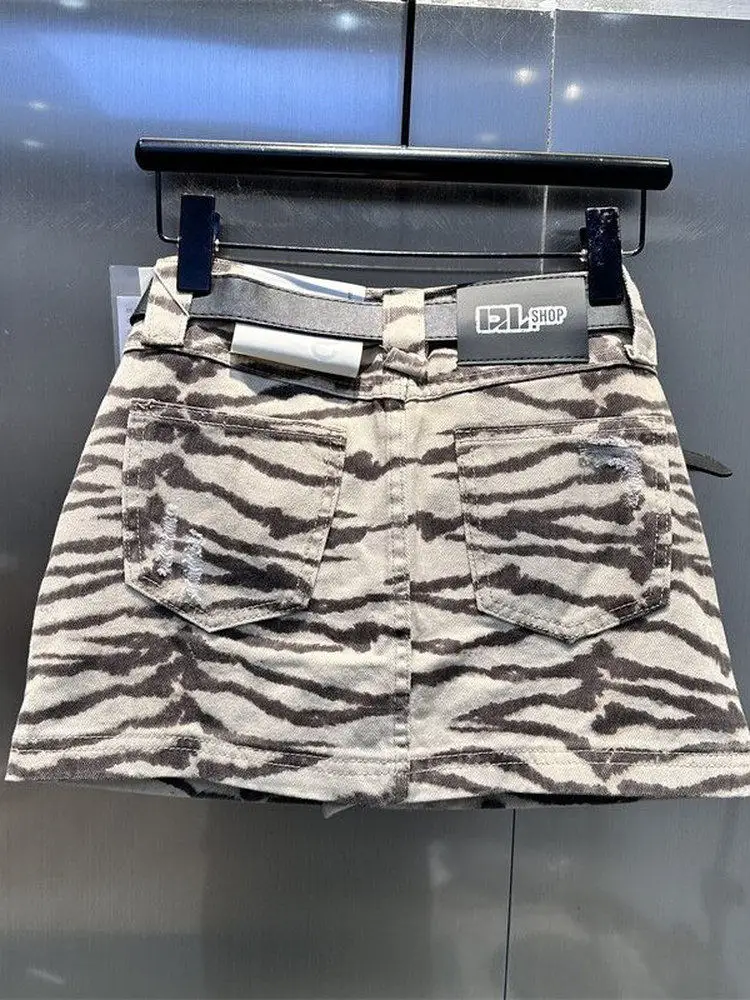 

American Style Zebra Striped Denim Skirt Women High Waist Ripped A-Line Mini Skirts Trendy High Street Casual Streetwear