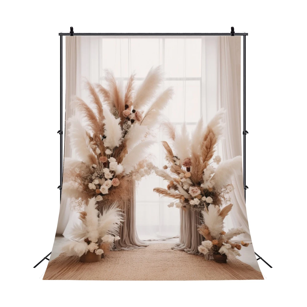 Wedding Portrait Photography Backdrop Boho Style Window Curtain Flower Floral Bridal Shower Birthday Party Photo Background