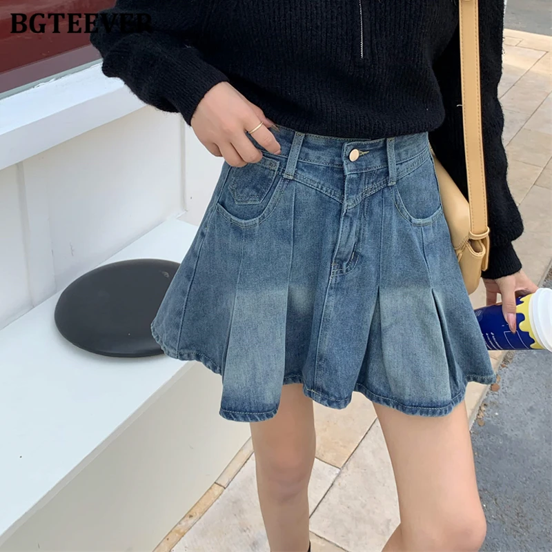 BGTEEVER Stylish High Waist Female Denim Skirts Autumn Winter Vintage Slim Women Pockets A-line Jeans Skirts Ladies Mini Skirts