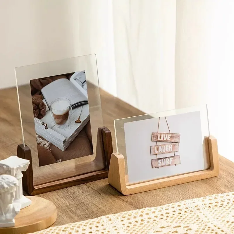 Walnut/Beech Nordic Acrylic Picture Frame Wooden Kpop Idol Photo Display Wedding Party Picture Holder Desktop Office Photo Decor