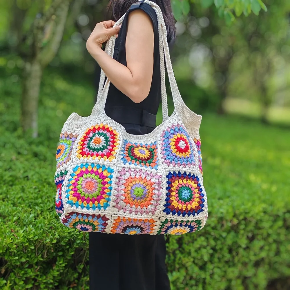 المرأة الكروشيه الجدة حقيبة مربعة محبوك حقيبة يد سعة كبيرة حمل حقيبة كتف للتسوق البقالة #4