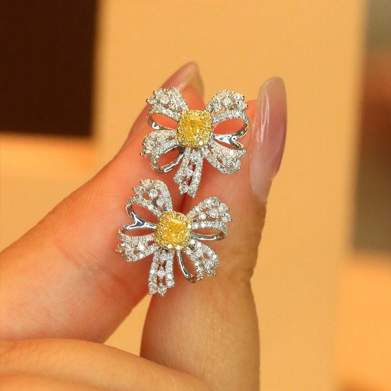 Aazuo Luxury Jewelry Real 18K Solid White Gold Real Yellow Diamonds Flower Stud Earring Gifted For Women Wedding Party  Au750