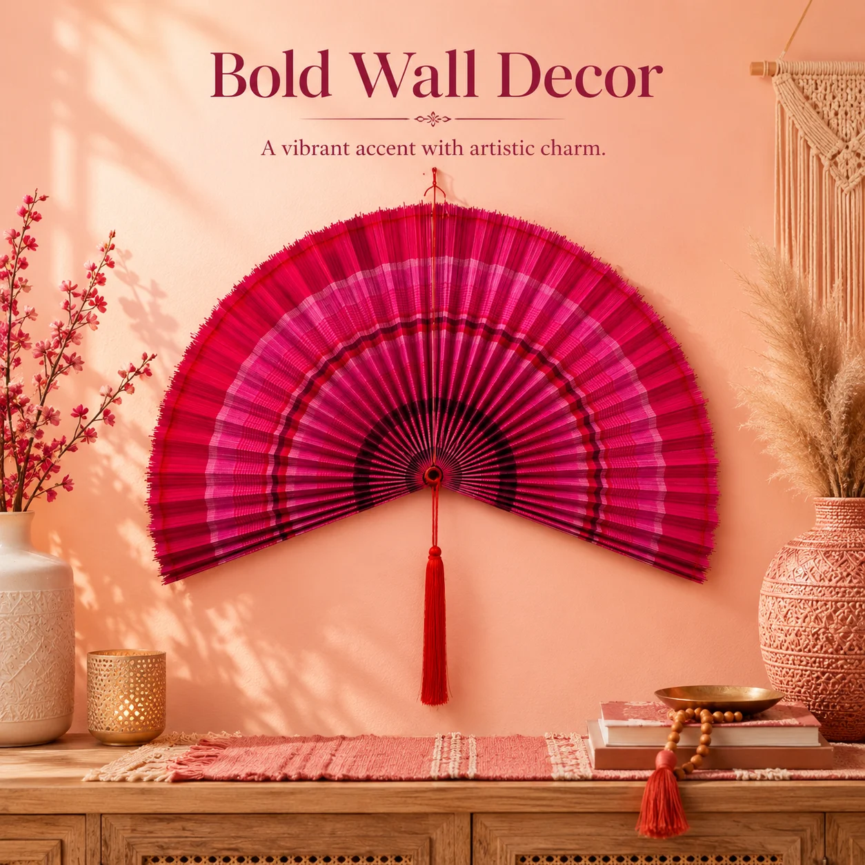 Handwoven Chinese Gradient Bamboo Wall Hanging Fan with Tassel, Oriental Wall Decor Fan for Wedding Bedroom Homestay Tea Room