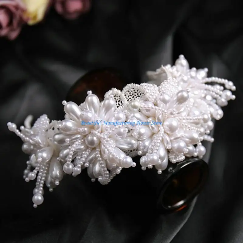 E56A Bride Hairband Hand Beading Shining Pearls Jewelry Beaded Heavy Pearls Cluster for Bachelorette Party