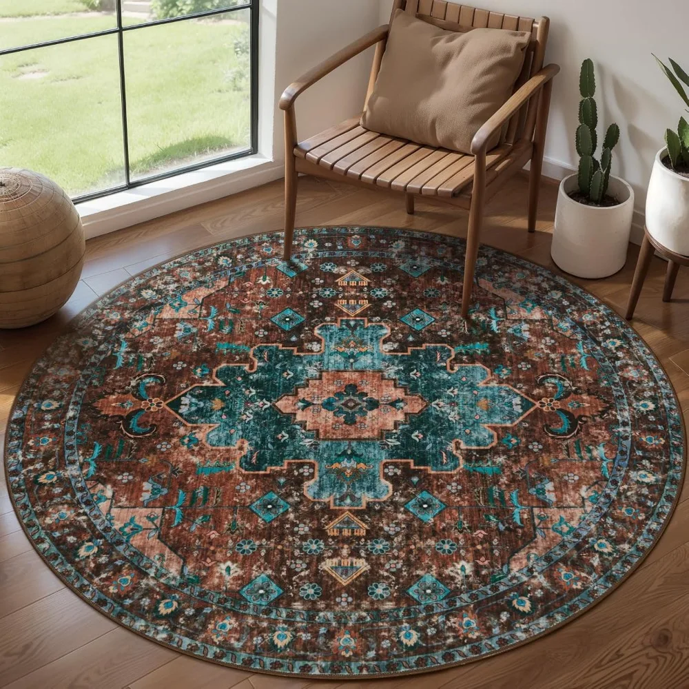 

Round Boho Style Area Rug, 4x4ft Washable, Non-Slip Vintage Design for Bedroom, Entryway, and Living Room Carpet