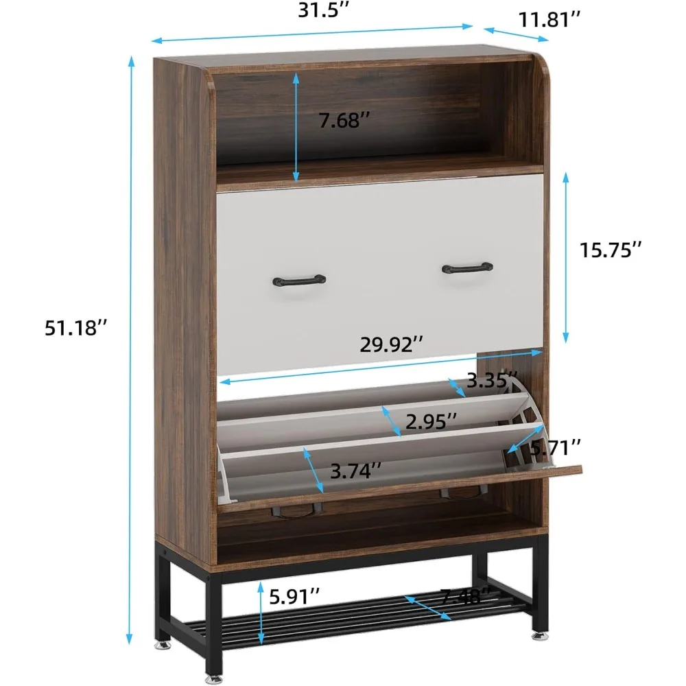 With 2 Clamshell Drawers, Modern Flip Shoes Locker, 28 Pairs of Freestanding Shoe Racks with Shelves, Rustic Brown