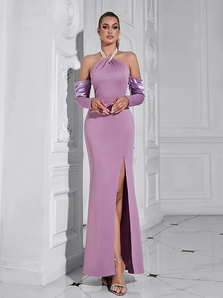 Sexy Pearl Straps Halter Backless Long Sleeves Maxi Dresses Women Lavender Off Shoulder Split Slim Celebrity Evening Party Gowns