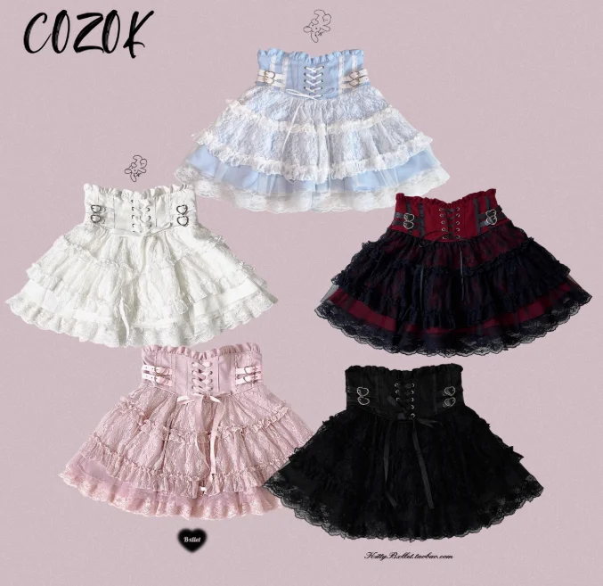 

Japanese Sweet Lolita Style Mini Skirt Women Elegant Lace Bandage Party Cake Skirts Female Gothic Y2k Metal Buckle Short Skirt