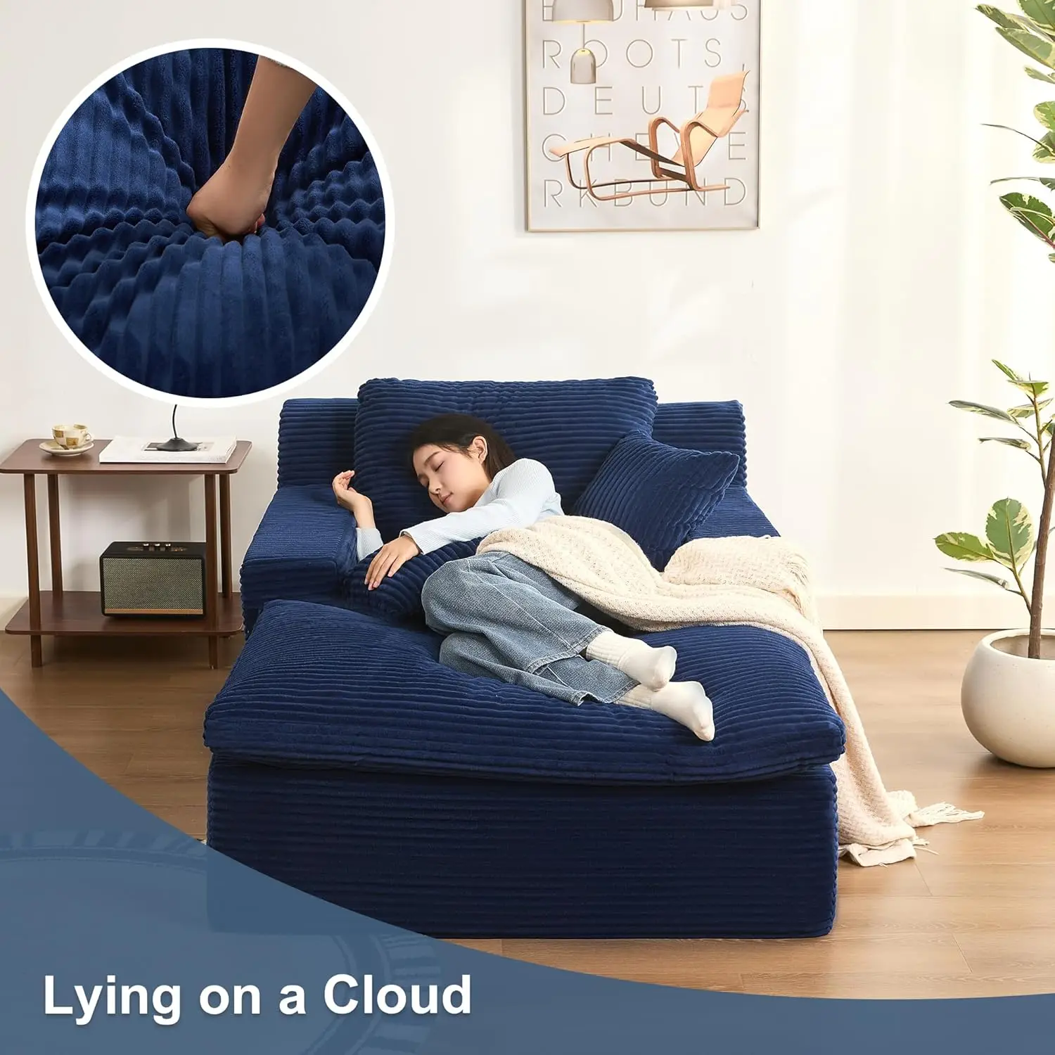 كرسي استرخاء بونيل كبير الحجم مقاس 63 بوصة، سرير أريكة قابل للتحويل مع وسائد قابلة للإزالة وجيوب جانبية، سروال قصير أزرق، مساند للذراعين