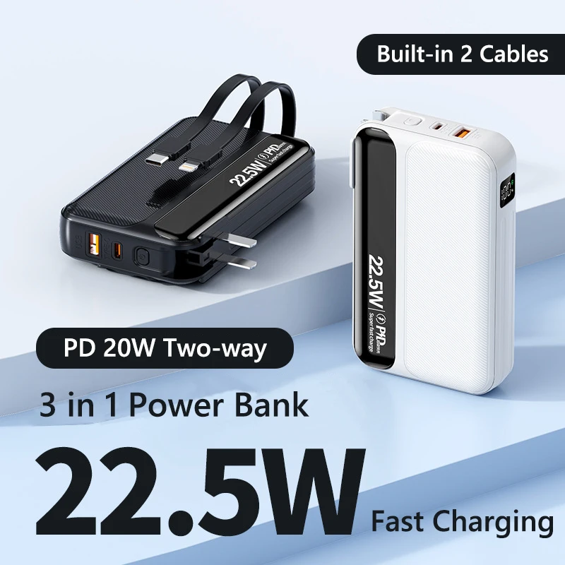 

22,5 Вт Power Bank для быстрой зарядки 20000 мАч с кабелем переменного тока Портативное зарядное устройство USB C Powerbank для iPhone Samsung S24 Xiaomi Huawei