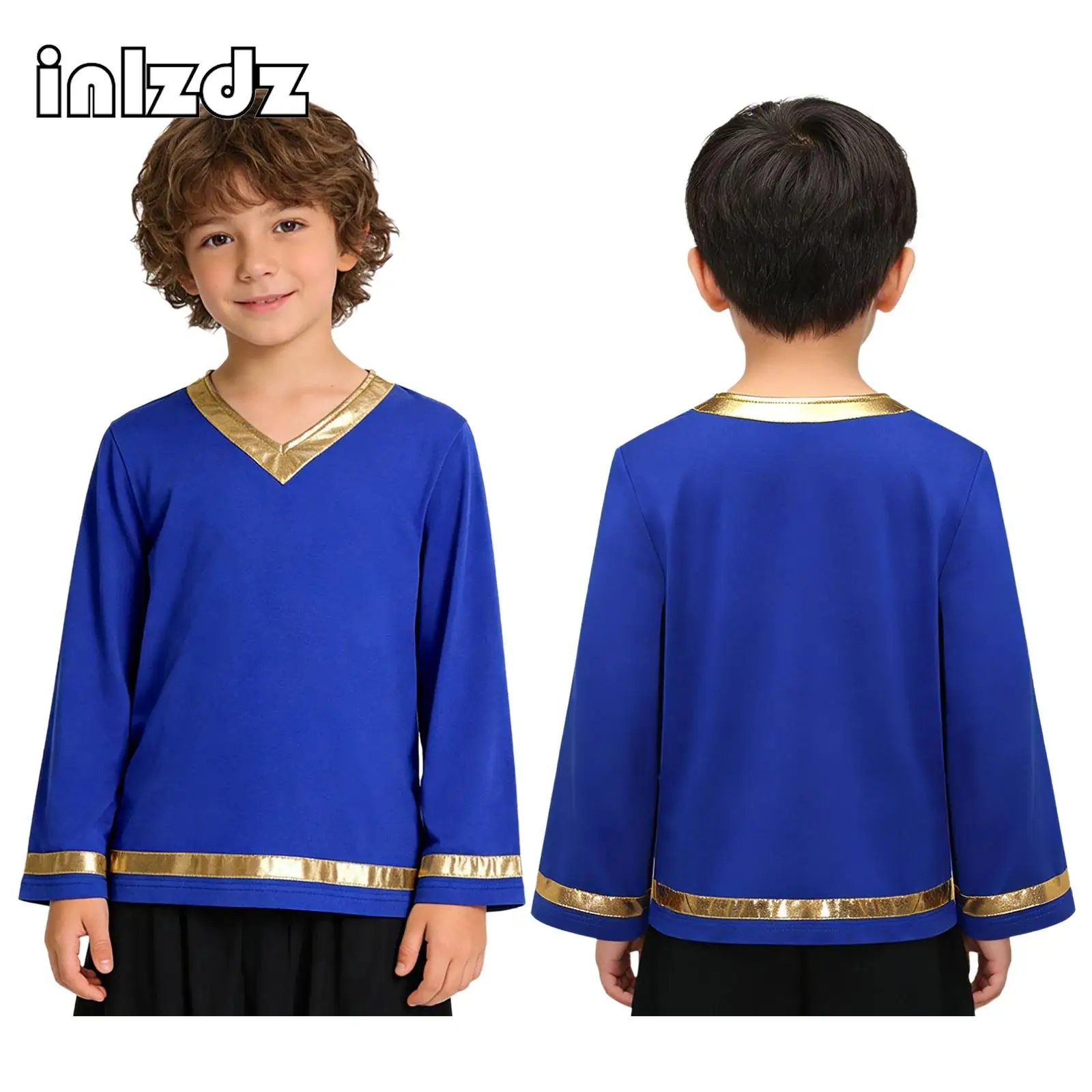 

Children Boys Liturgical Lyrical Dance Pullover Tops Metallic Shiny Long Sleeve Worship Praise Dance Top Shirts Choir Dancewear