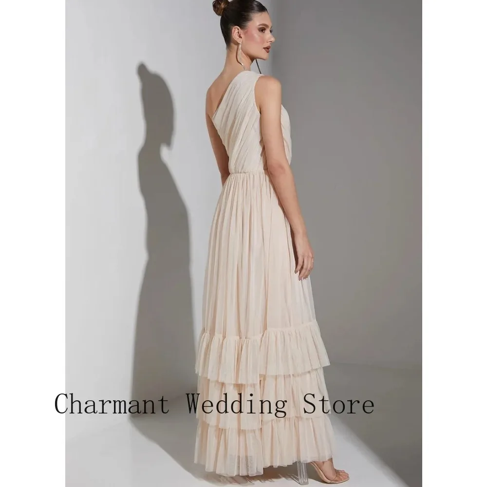 Ivory Cream One Shoulder Draped Pleated Bodice High Waist Multi Layer Ruffle Hem Tulle A-line Floor Length Formal Evening Prom