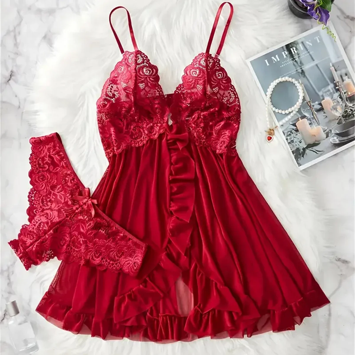 

Elegant Transparent Red Sexy Lingerie Women's Underwear See Through Sleepwear Lace Nightdress Panty Pijamas Sets Female Babydoll