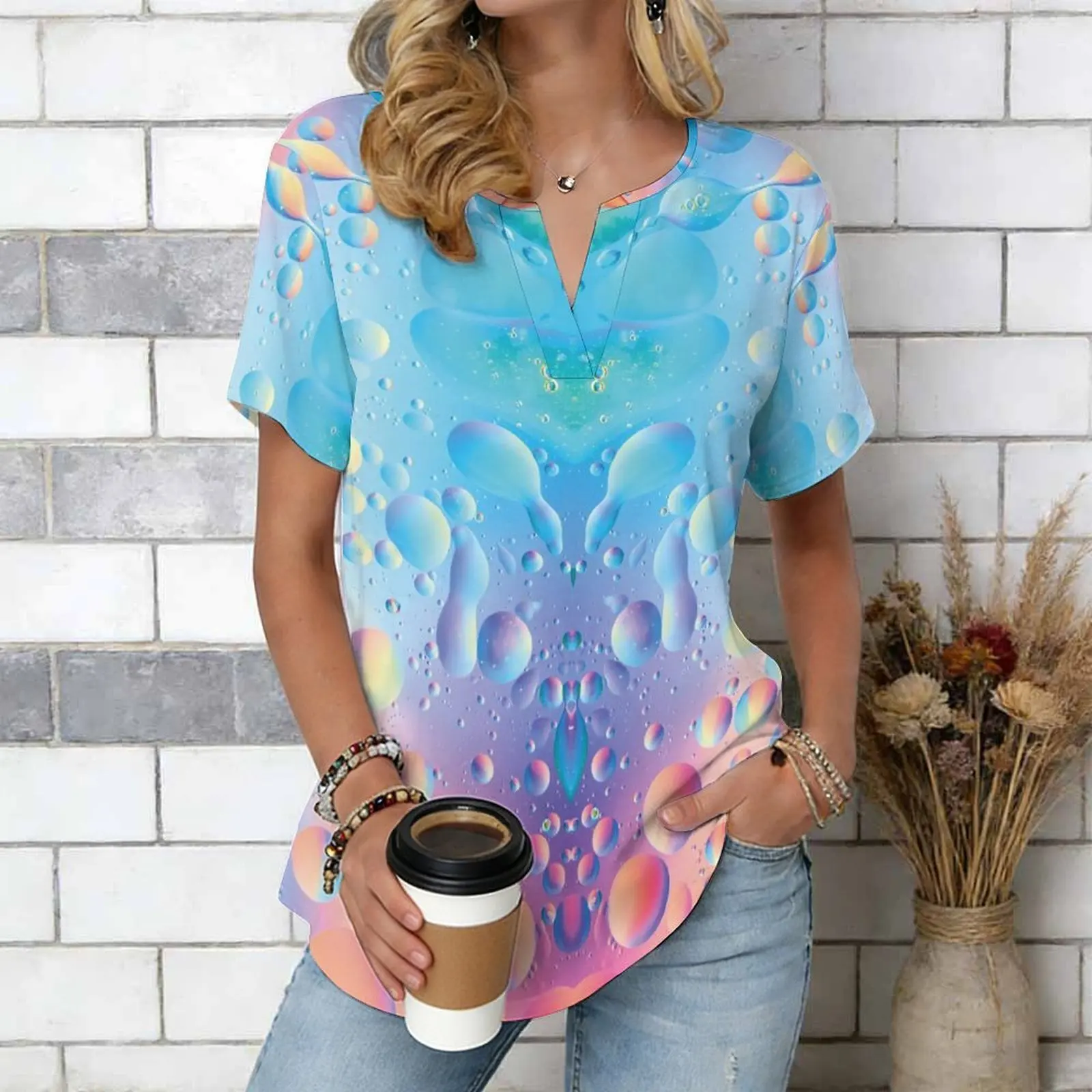 Women Print Notched V Neck Short Sleeve Casual Loose Tunic Tops