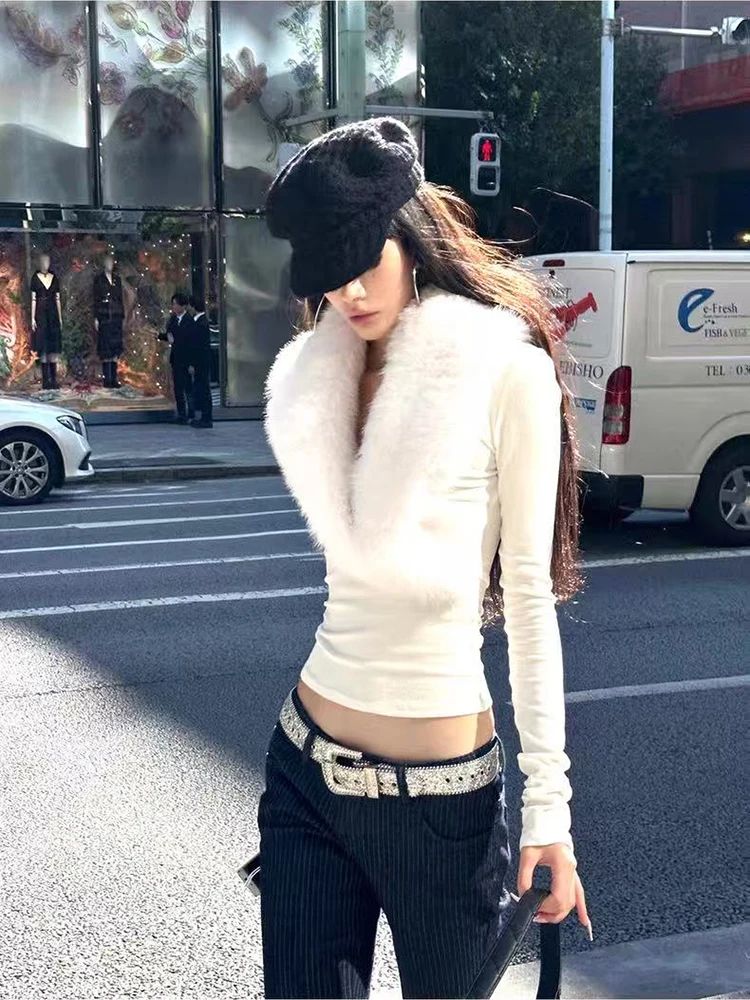 Y2K T-shirt sexy in pelliccia incrociata per donna Pullover corto a maniche lunghe sottile giapponese Autunno Inverno Scollo a V Peluche Patchwork Tees Mujer Nuovo