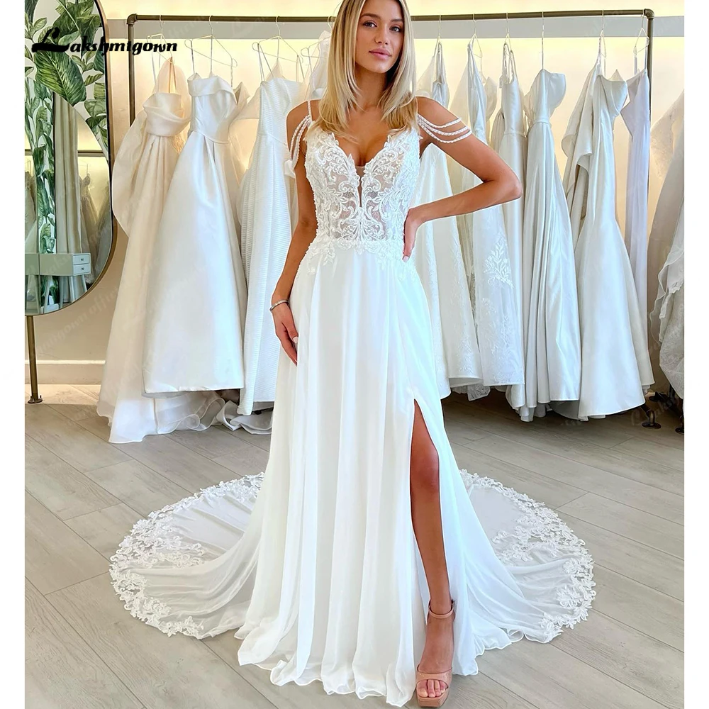 

Lakshmigown Chiffon Sexy Boho Wedding Dresses Lace Appliques Sweep Train Backless Beach Bridal Gowns Deep V-neck Spaghetti Strap