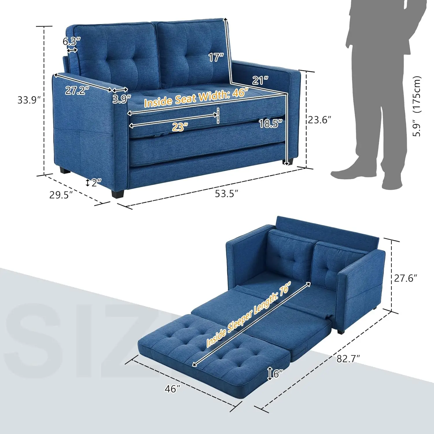 Sofá-Cama Conversível para Sala de Estar, Sofá Dobrável para Espaços Pequenos, Sofá-Cama de Chão Dobrável para Jogos no Porão, Azul Marinho