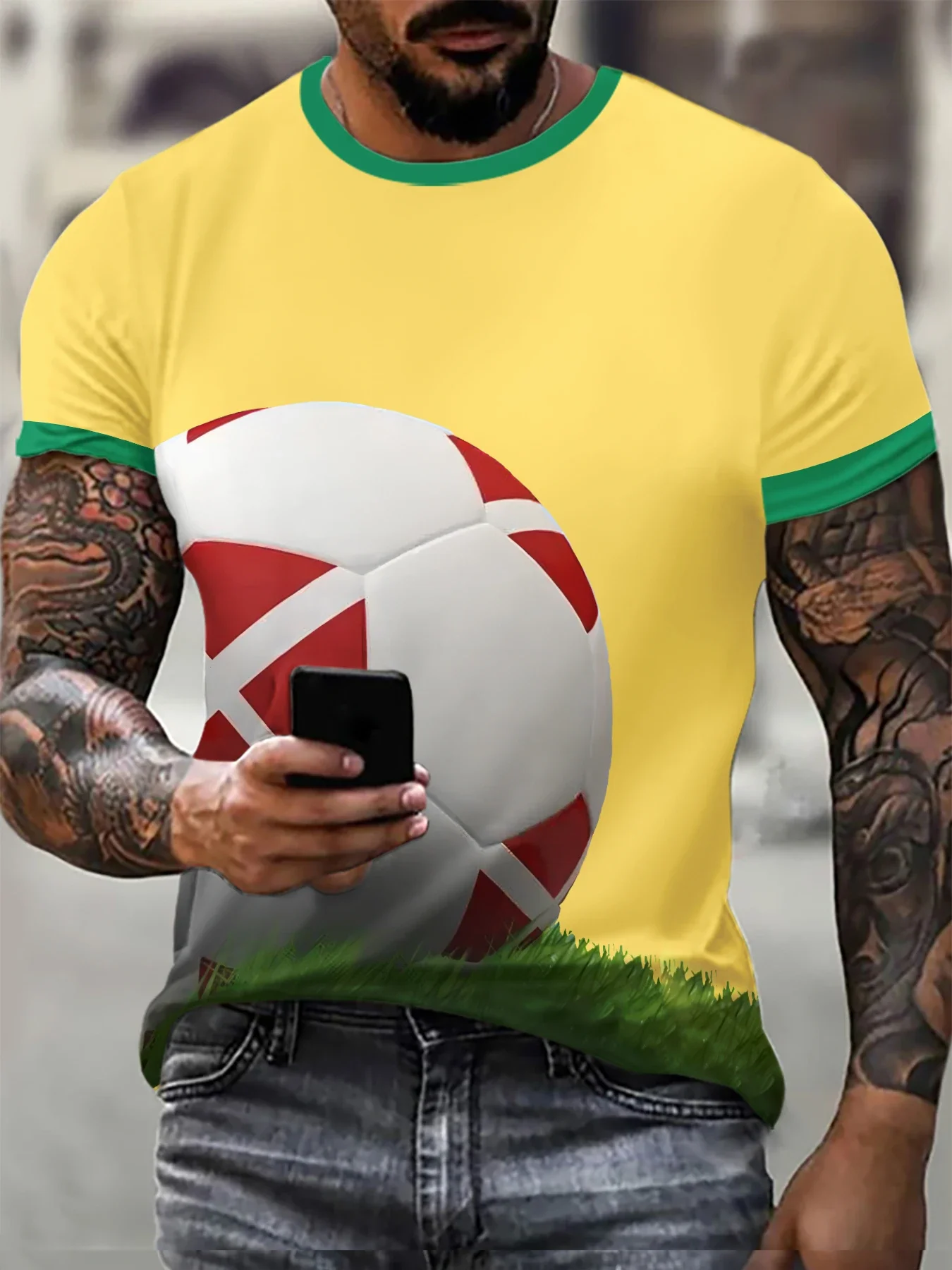 Best-selling Brazilian Football Style 3D Digital Printed T-shirt Men's Summer Street Quick-drying Breathable Round Neck Loose Sp