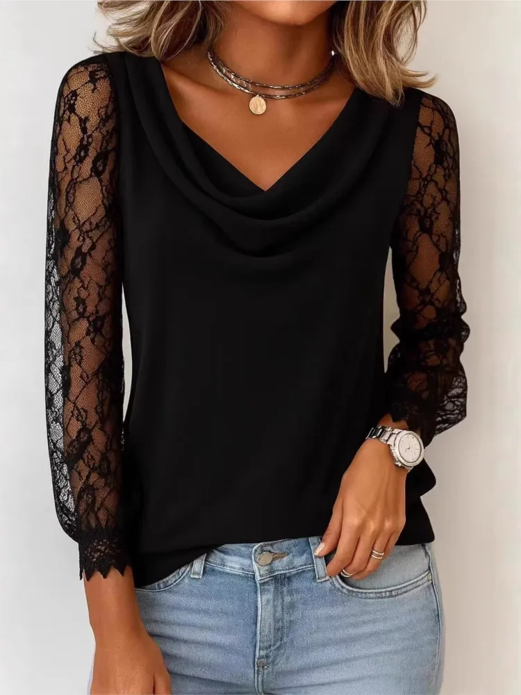 Fashion Elegant Casual Tee Shirt Femme New Spring Women's Lace Spliced ​​Nine-quarter Sleeve Women's Swing Collar Top T-Shirt