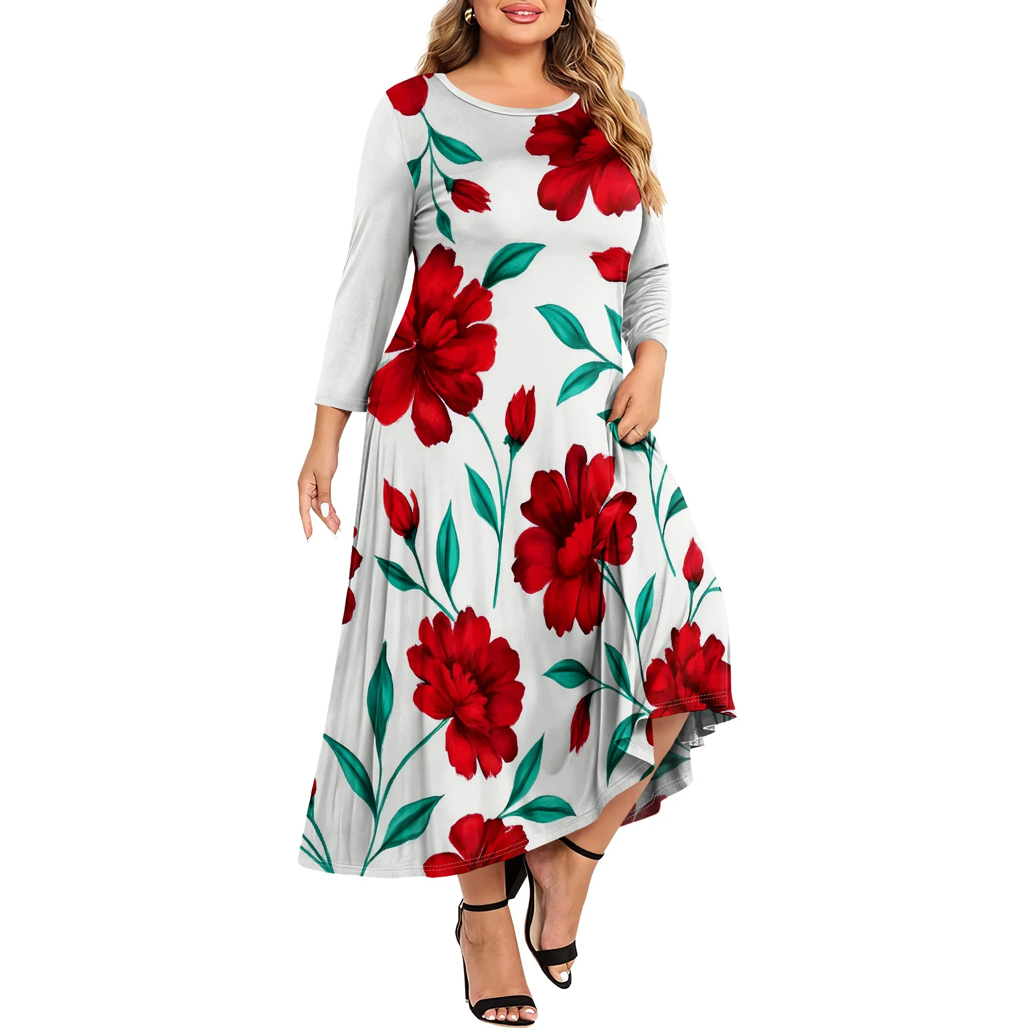 

Women's Spring Summer Colorful Bohemian Maxi Dress with Pocket Casual Boho Floral Print Short Sleeve Flowy Dresses