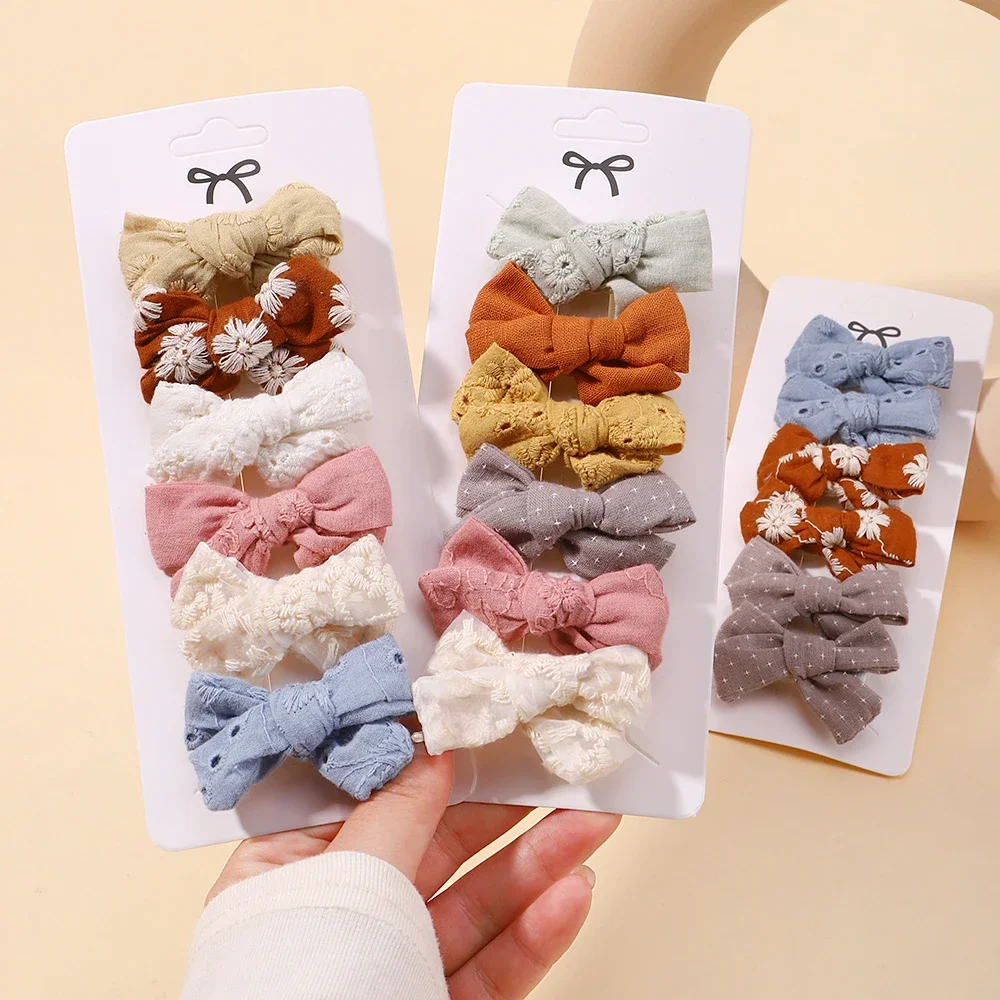 

6pcs/set 2inch Baby Mini Bowknot Hair Clips for Girl Cotton Print Hollow Hairpin Children Sweet Hairgripe Kids Hair Accessories