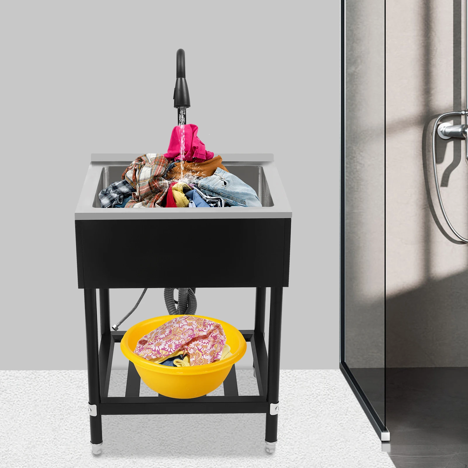 حوض غسيل تجاري حديث مستطيل واحد، حوض غسيل من الفولاذ المقاوم للصدأ مع صنبور وحامل، سعة 6 مم، سعة 100 كجم #6