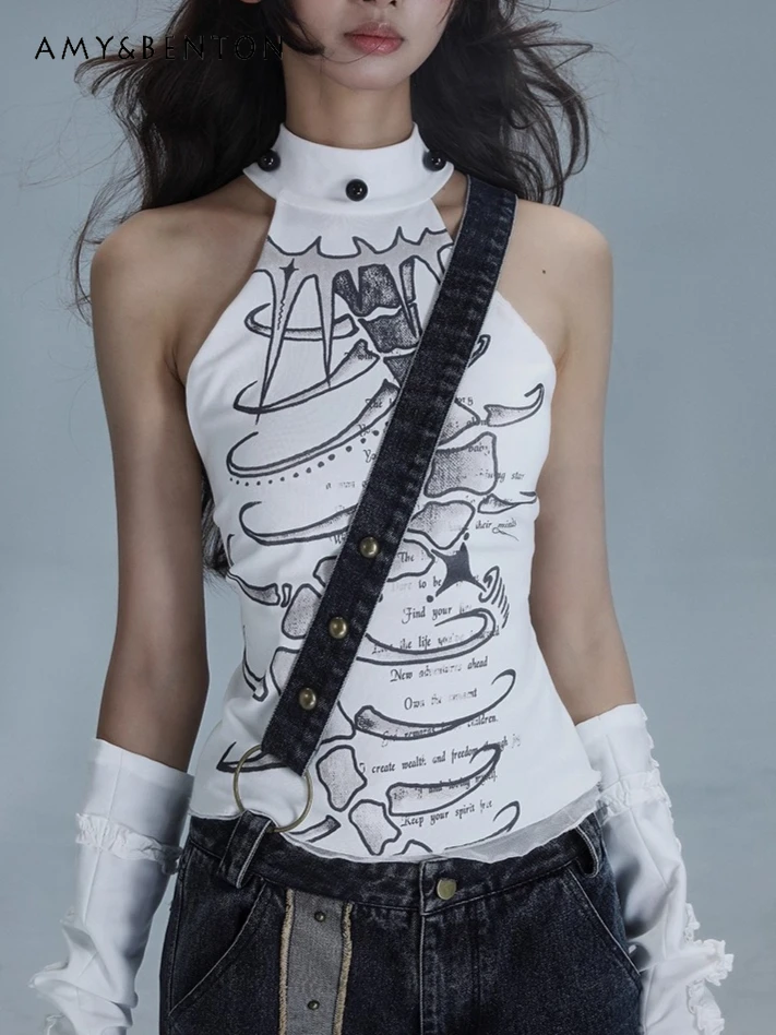 

Original Gothic Print Subculture Slim White Halter Neck Tank Top High Street Hot Girl Sexy Sleeveless Crop Top Women Y2K Tops