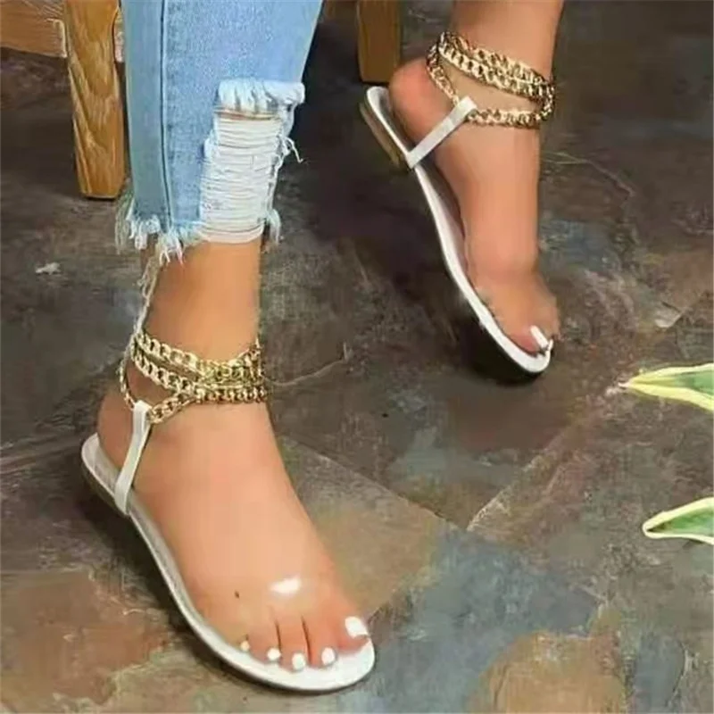 

Women's Flat Sandals Summer New round Head Metal Chain Transparent Large Size Outdoor Beach Shoes Comfortable Flats Sandals