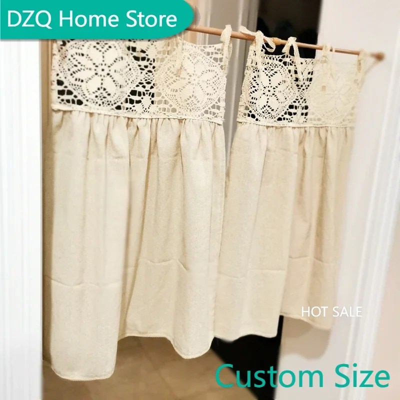 

Handmade 100% Cotton Blackout Curtains Hollow Out Crochet Cortinas Kitchen Door Cafe Short Blinds Korean Home Deco Window Fabric